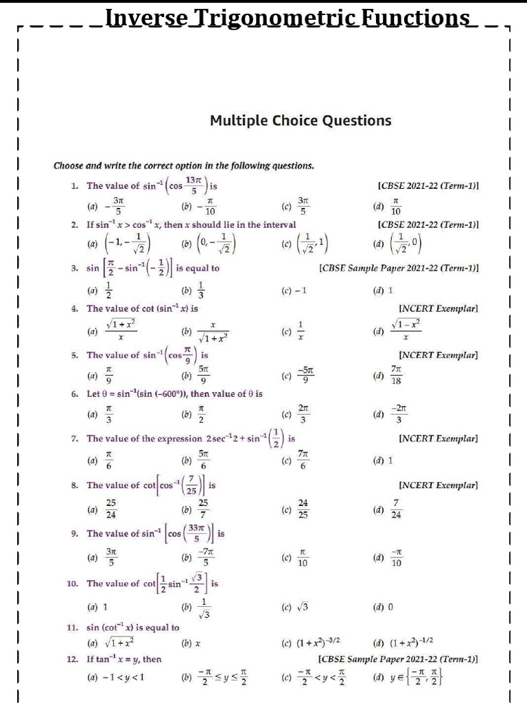 Inverse Trigonometric Functions Important Questions | PDF