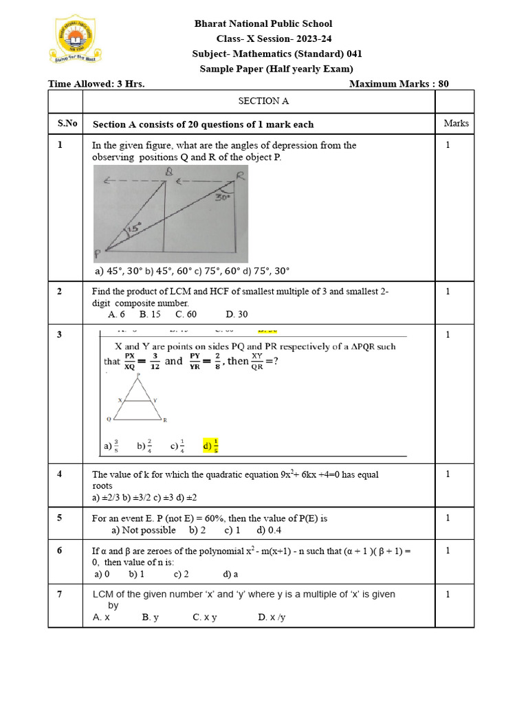 Sample Paper X (Half Yearly Exam), 2024-25 | PDF | Elementary ...