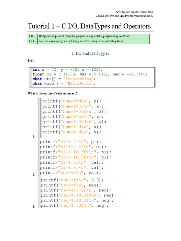 C Programming I/O and Data Types Guide | PDF | Integer (Computer ...