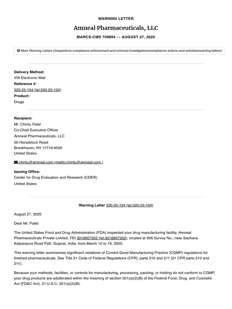 FDA Warning Letter to Amneal Pharmaceuticals | PDF