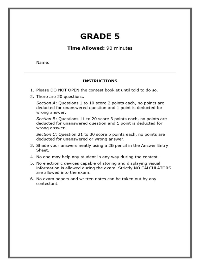 Grade 5 Math Contest Instructions | PDF | Area | Number Theory