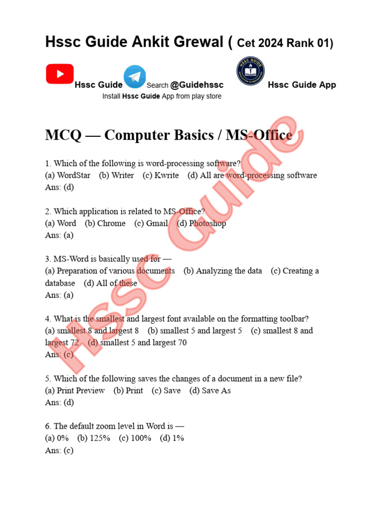 HSSC Guide: Computer Basics MCQs for CET 2024 | PDF | Microsoft Excel ...
