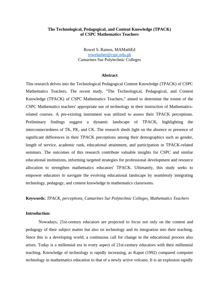 The Technological Pedagogical and Content Knowledge Tpack of CSPC ...