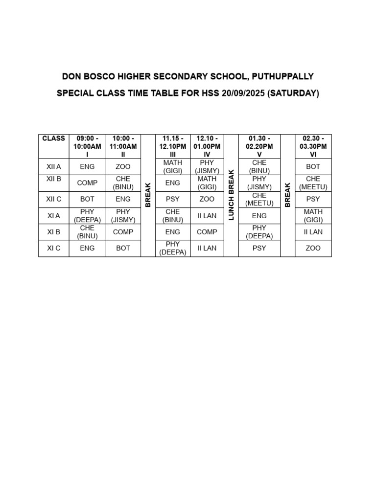 20-09-2025 Hss Special Class Time Table | PDF