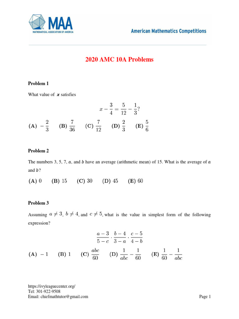 2020 AMC 10A Problem Set and Answers | PDF | Elementary Mathematics ...
