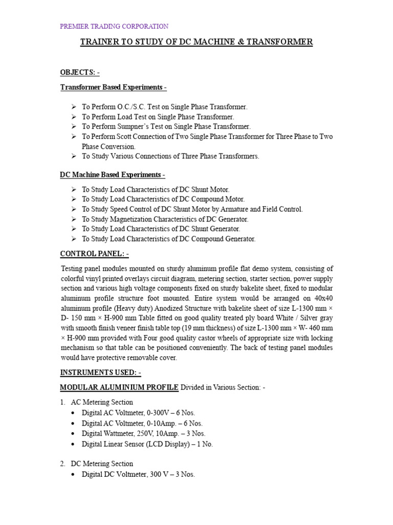 Trainer To Study of DC Machine | PDF | Electric Motor | Transformer