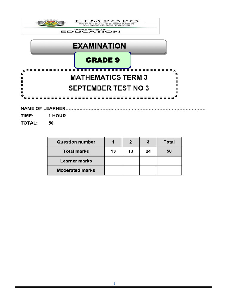 Grade 9 Term 3 Maths Test 2025 | PDF | Mathematics