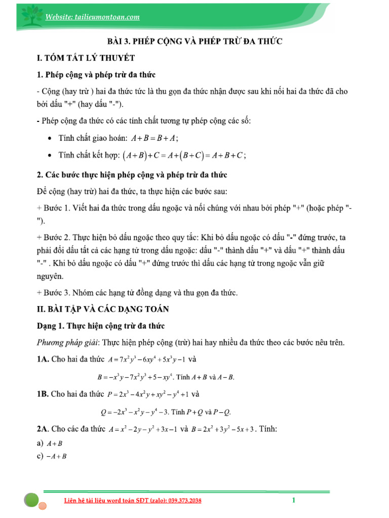 Bai 3 Phep Cong Va Tru Da Thuc | PDF