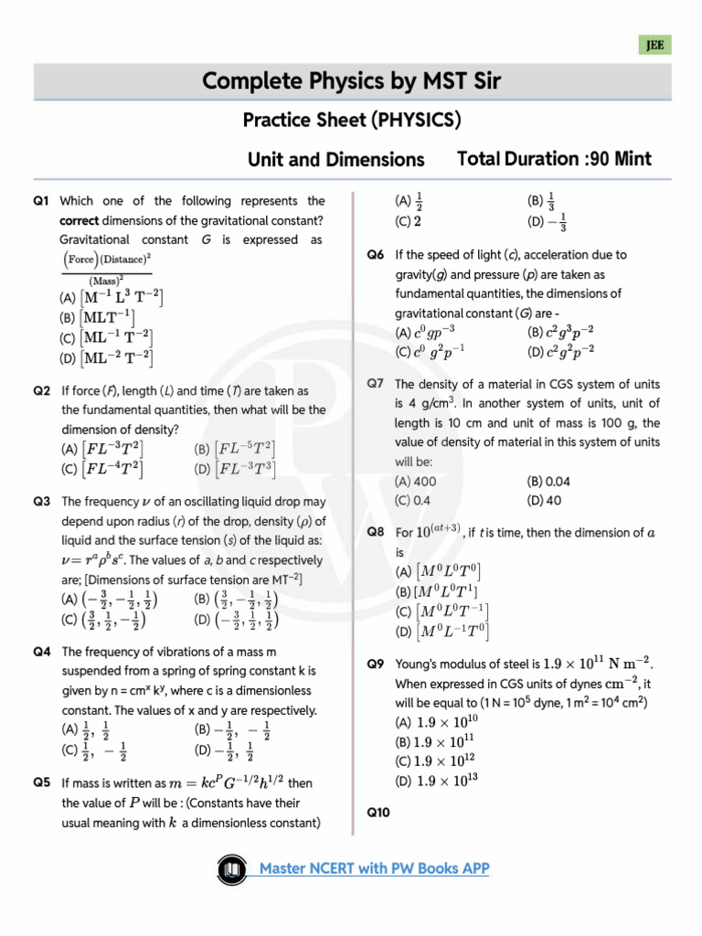 Physics Practice Sheet: Units & Dimensions | PDF | Density | Gravity