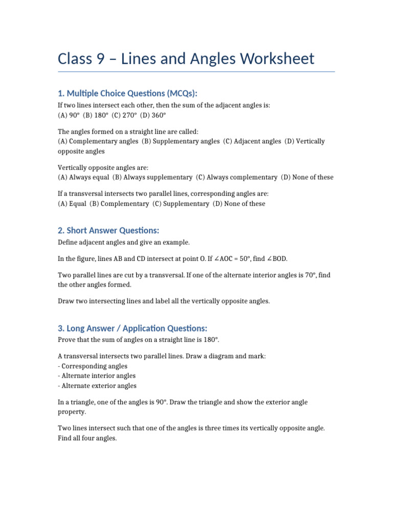Class 9 Lines and Angles Worksheet | PDF