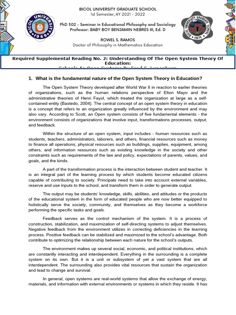 Open System Theory in Education | PDF | System | Learning