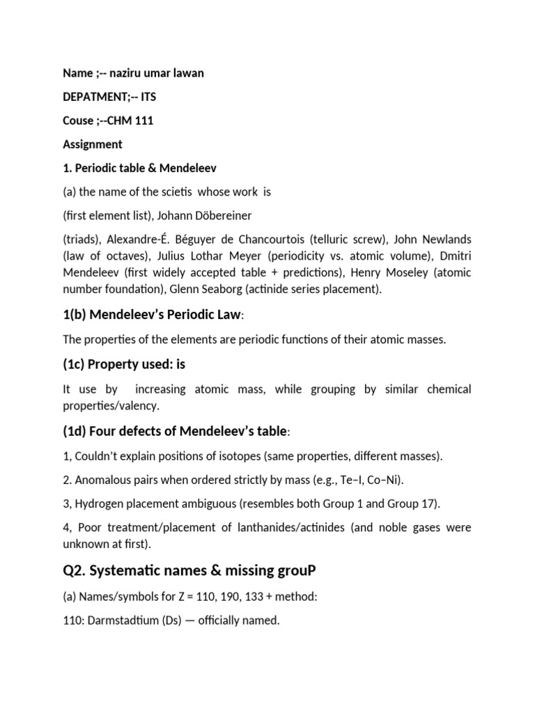 Mendeleev's Periodic Table Analysis | PDF | Chemical Bond | Periodic Table