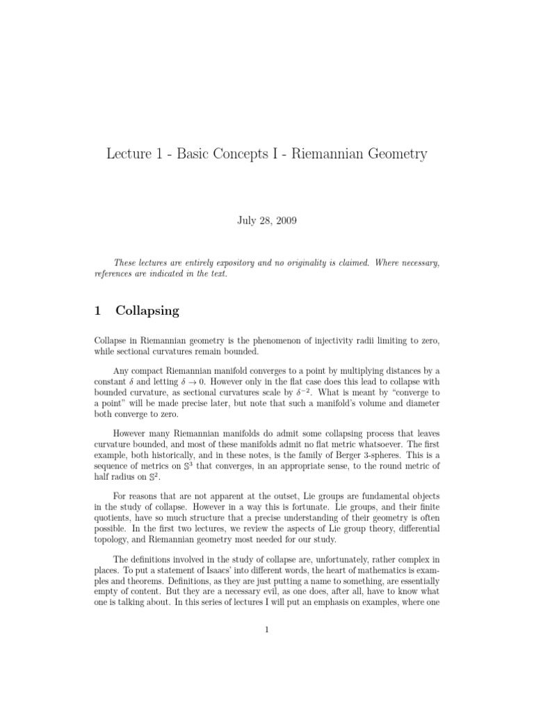 Riemannian Geometry-Lecture 1-Basic Concepts I | PDF | Manifold | Geometry