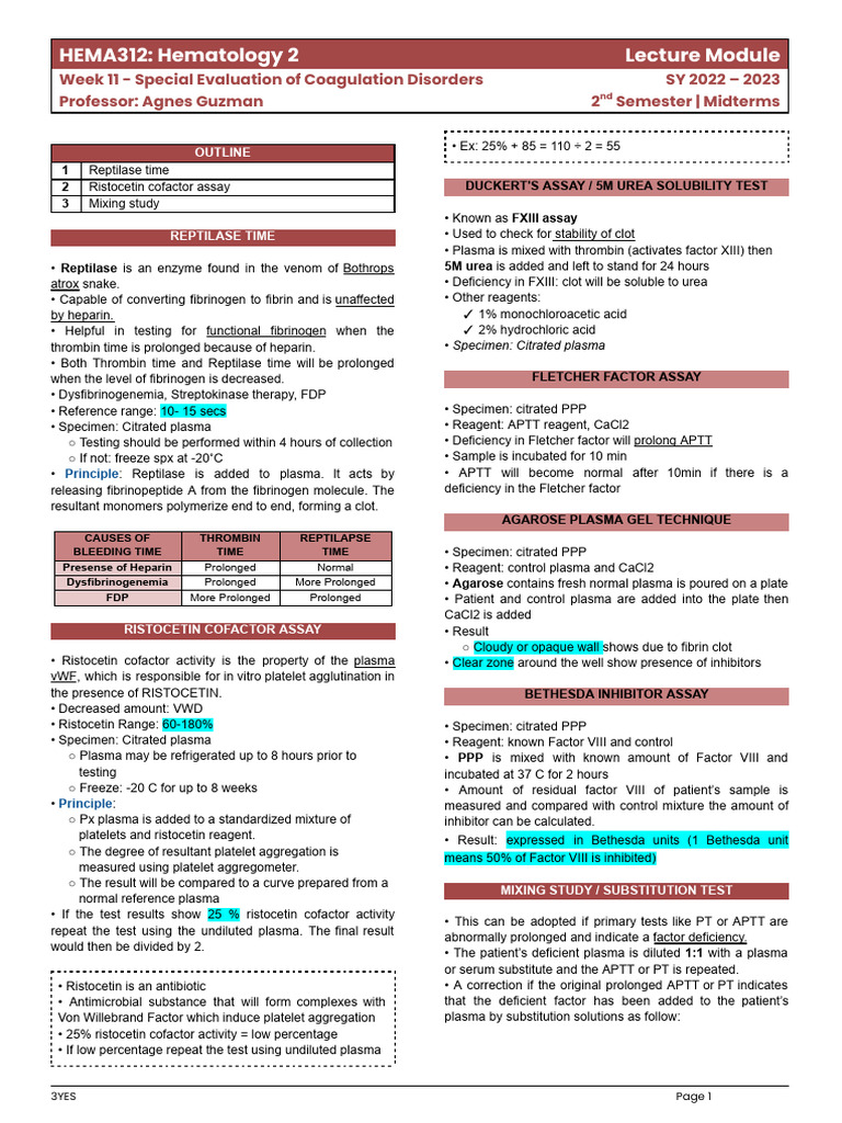 Hema312-Week-11-Special Evaluation of Coagulation Disorders | PDF ...