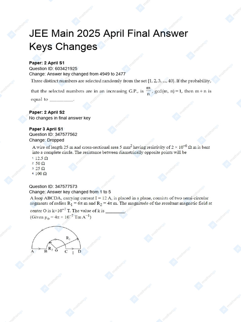 JEE Main 2025 April Answer Key Changes | PDF