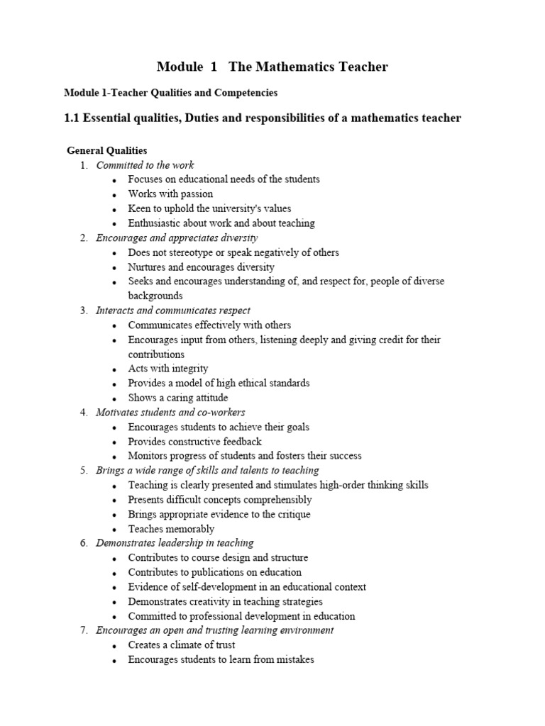 Essential Qualities of Mathematics Teachers | PDF | Teachers | Learning