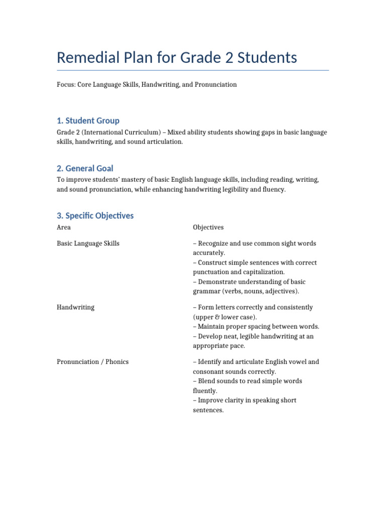 Grade 2 Remedial Reading Plan | PDF | Phonics | Writing