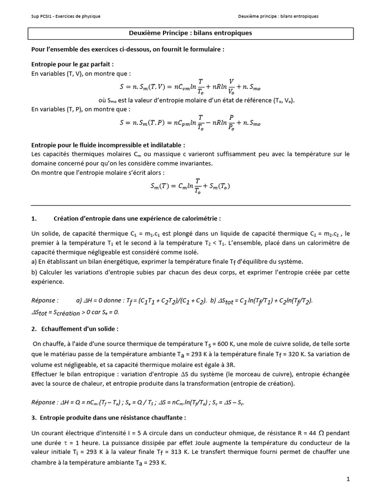 Bilans entropiques en physique PCSI1 | PDF | Entropie | Capacité thermique