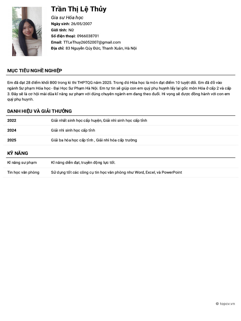 Tran Thi Le Thuy TopCV - VN 270825.235052 | PDF