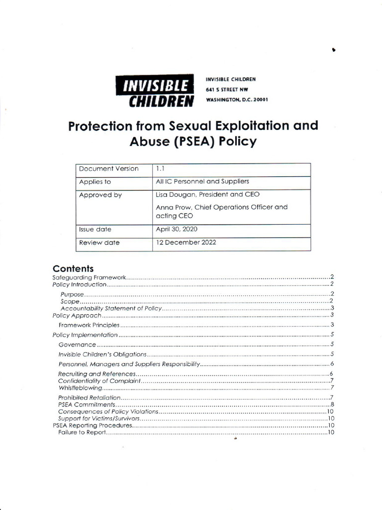 Invisible Children PSEA Policy | PDF