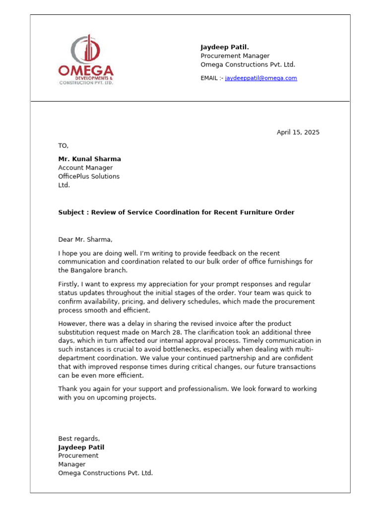Service Coordination Feedback for Furniture Order | PDF