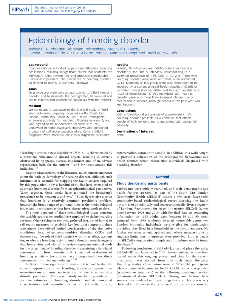 Prevalence and Features of Hoarding Disorder | PDF | Mental Disorder ...