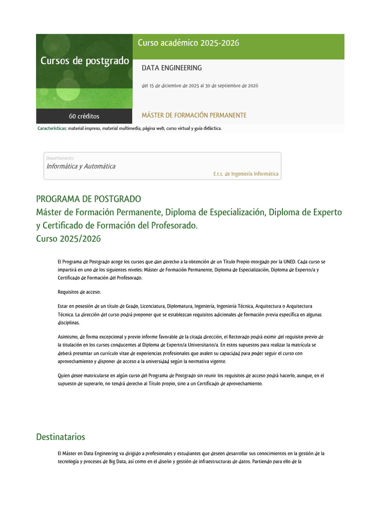 Máster en Data Engineering 2025-2026 | PDF | Diploma | Big Data