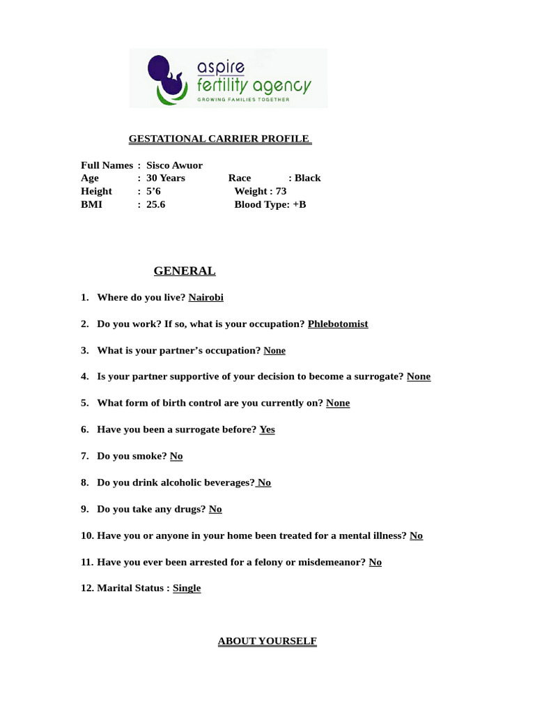 Gestational Carrier Profile: Sisco Awuor | PDF | Surrogacy | Caesarean ...