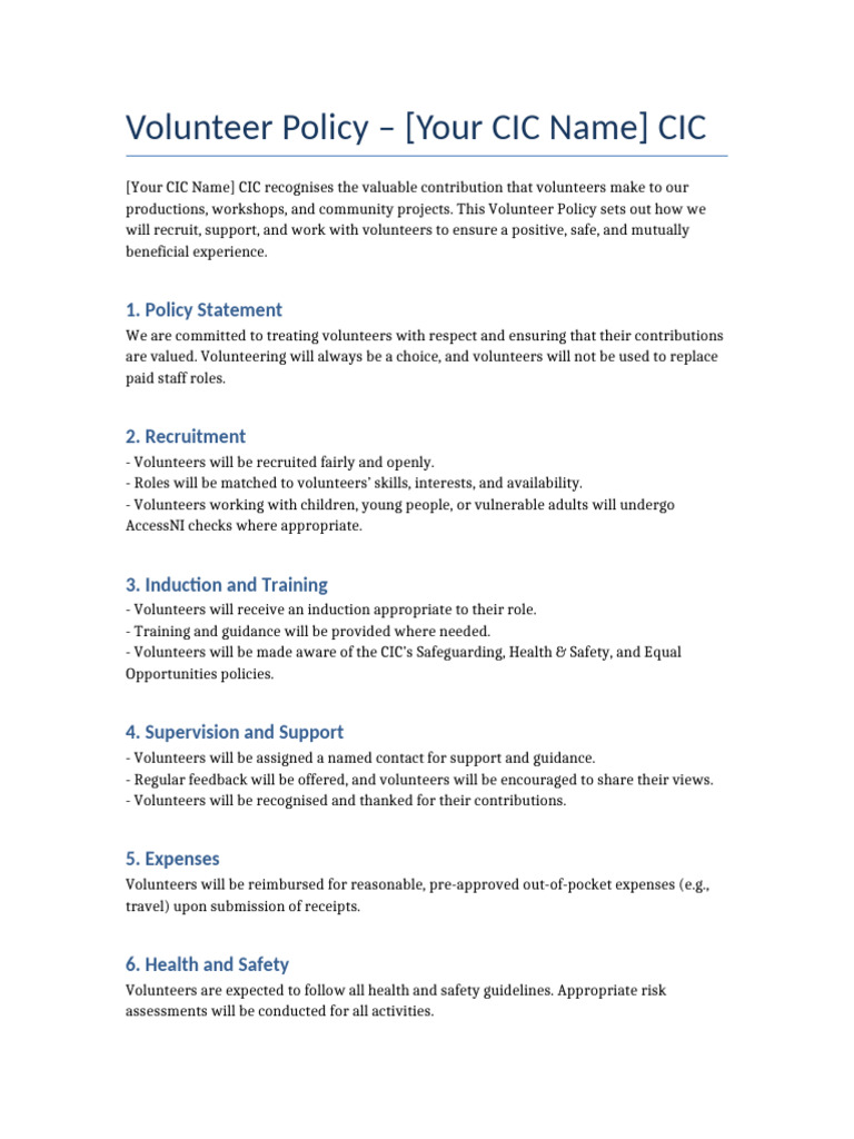 Volunteer Policy for [Your CIC Name] CIC | PDF