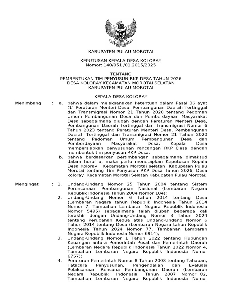 Pembentukan Tim RKP Desa Koloray 2026 | PDF