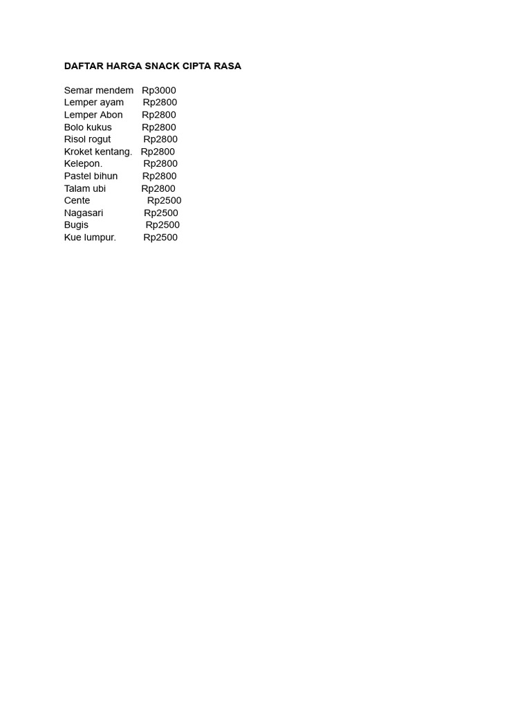 Daftar Harga Snack Cipta Rasa | PDF