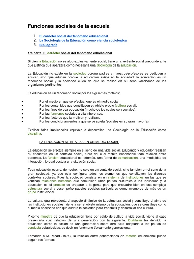 Funciones Sociales de La Escuela | PDF | Sociología | Sociedad