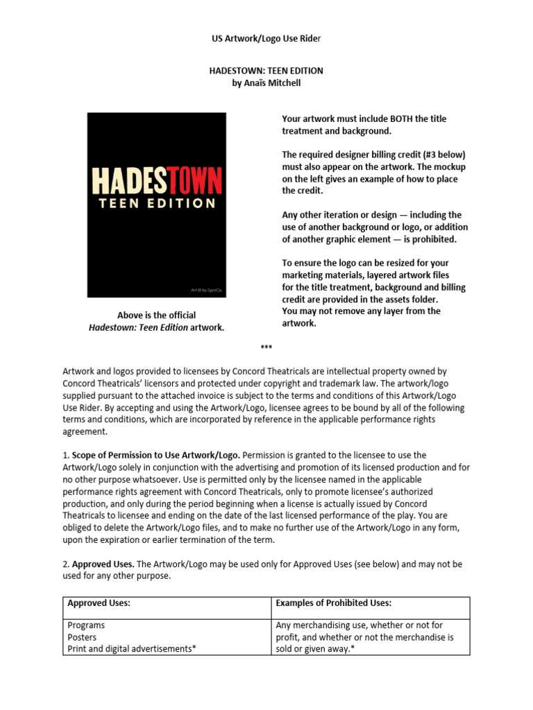 Hadestown Teen Edition Artwork Guidelines | PDF | License | Business Law