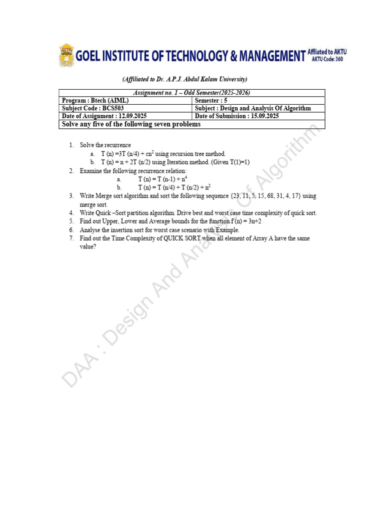 BTech AIML Assignment: Algorithms Analysis | PDF