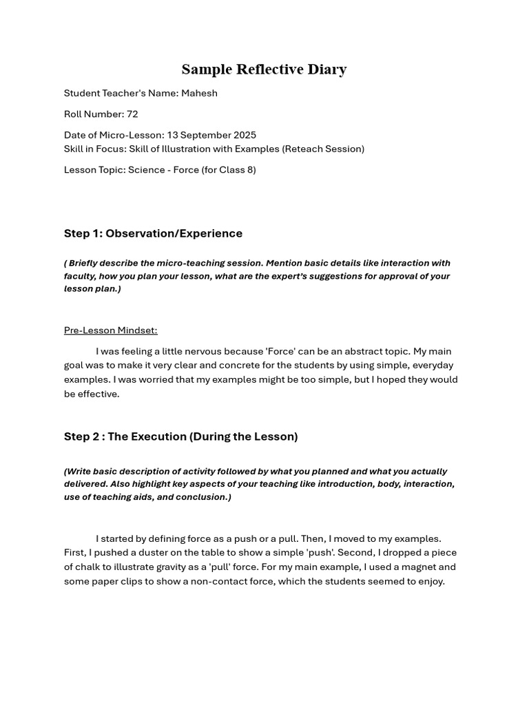 Reflective Diary on Teaching Force | PDF | Force | Experience
