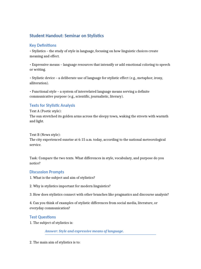 Stylistics Handout | PDF | Linguistics | Semantics