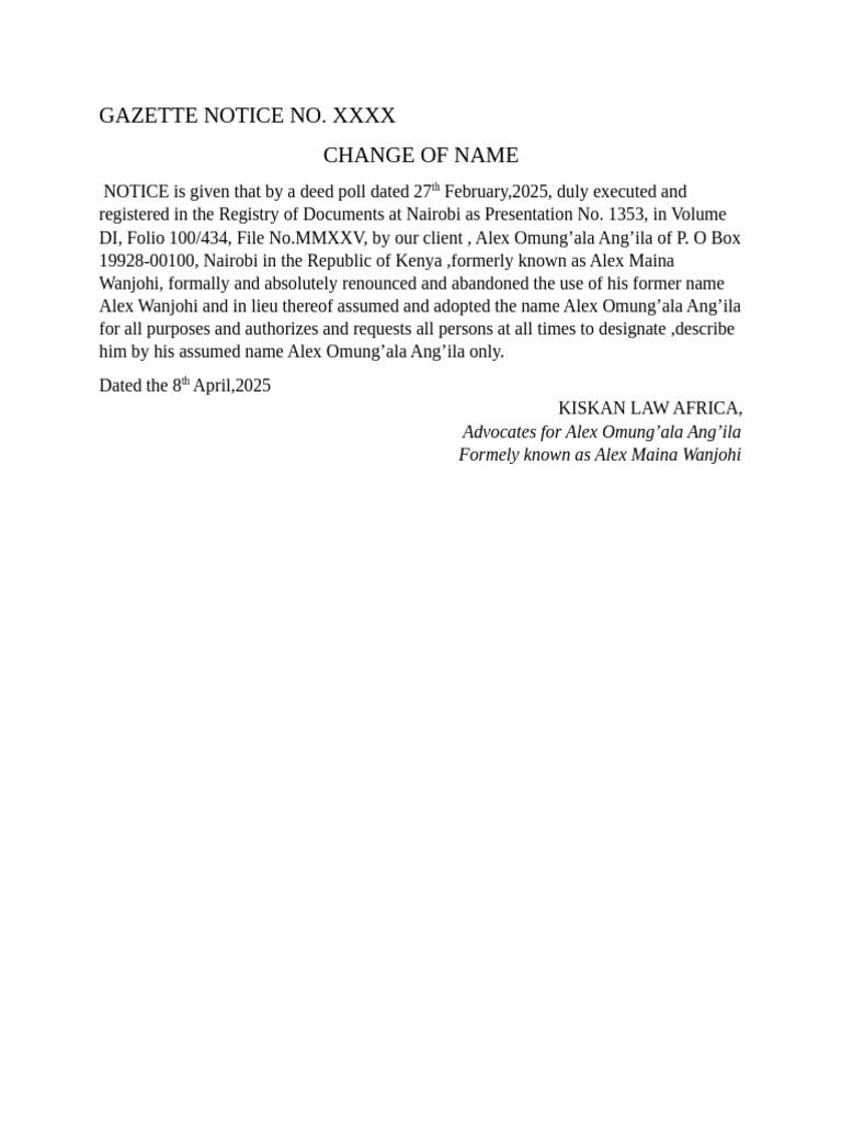 Name Change Notice for Alex Ang'ila | PDF