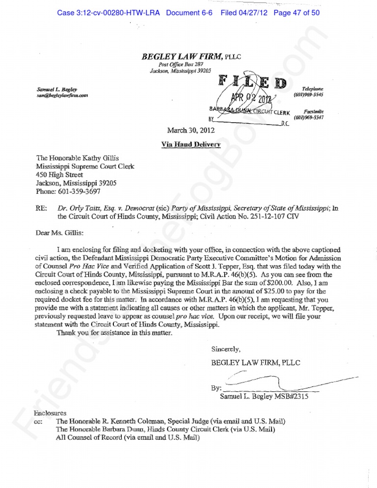 2012-04-02 Begley 3-30 Letter To Mississippi Supreme Court Re Tepper