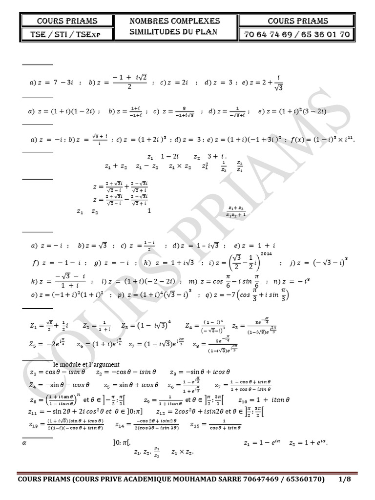 Nombres Complexes : Exercices et Solutions | PDF | Nombre complexe ...