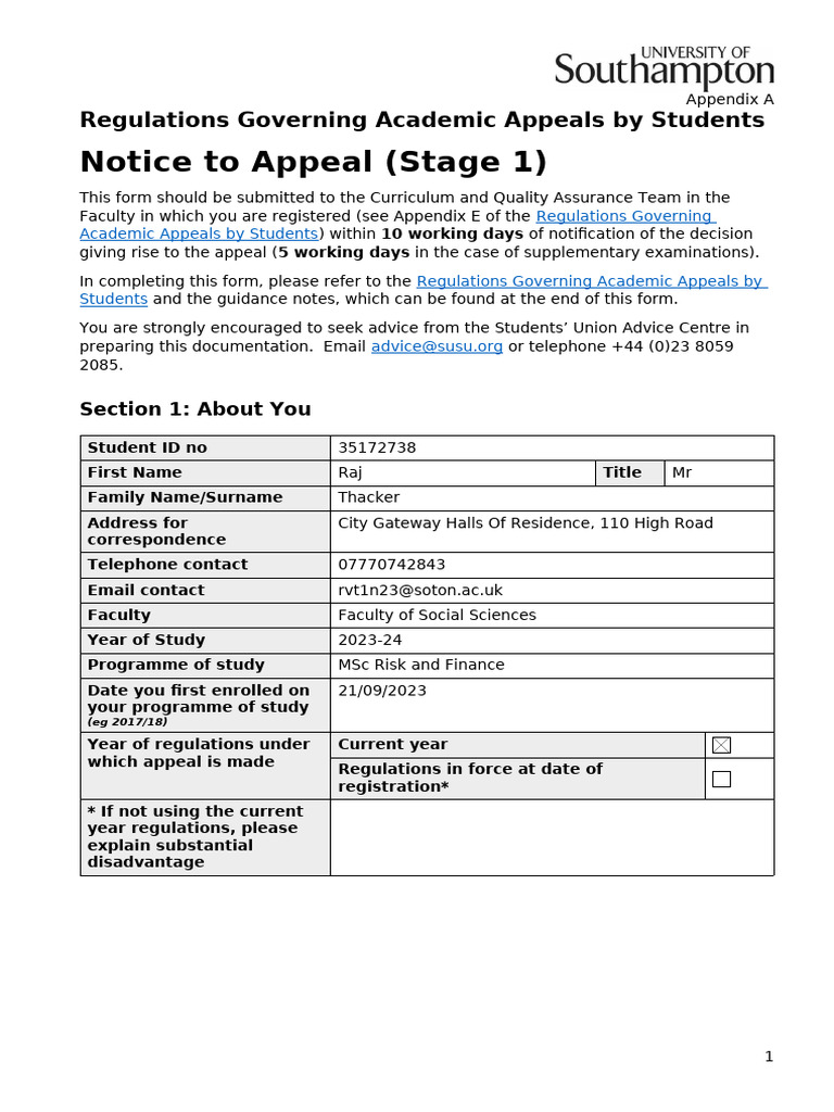 Academic Appeal Notice Form | PDF | Major Depressive Disorder | Evidence