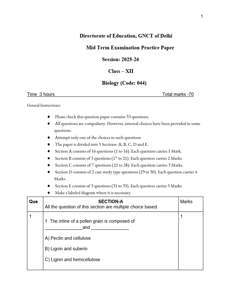 Class XII Biology Mid Term Exam Paper | PDF | Molecular Cloning | Dna