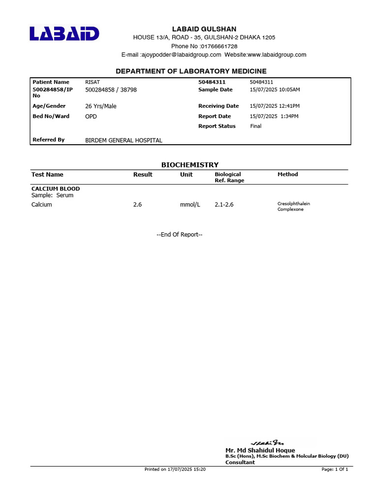 Biochemistry Report: Calcium Levels | PDF
