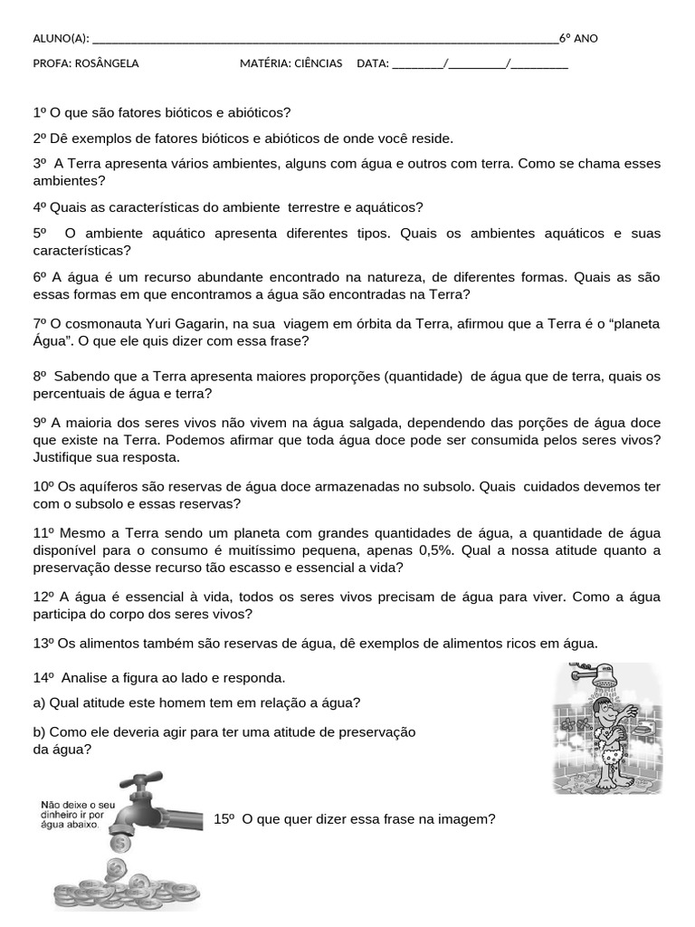 6 Ano Tividade Sobre A Água | PDF