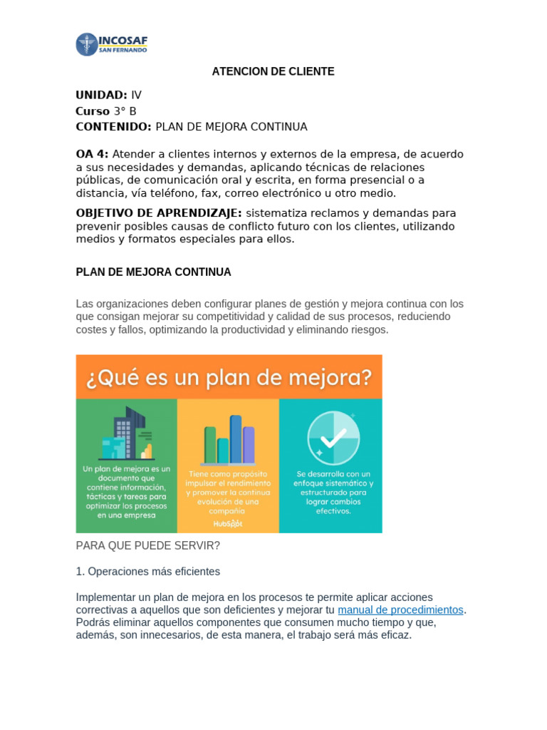 Plan de Mejora Continua en Atención al Cliente | PDF