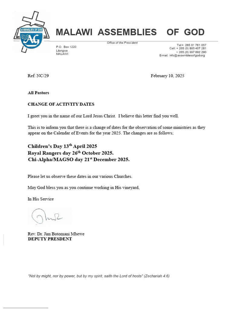 Change of Ministry Activity Dates 2025 | PDF