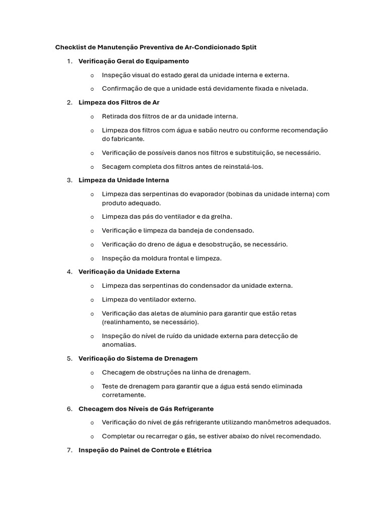 Checklist de Manutenção Ar-Condicionado Split | PDF | Ar condicionado