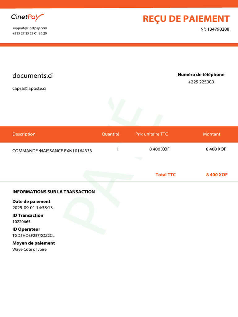 Reçu de paiement Cinetpay - 8 400 XOF | PDF