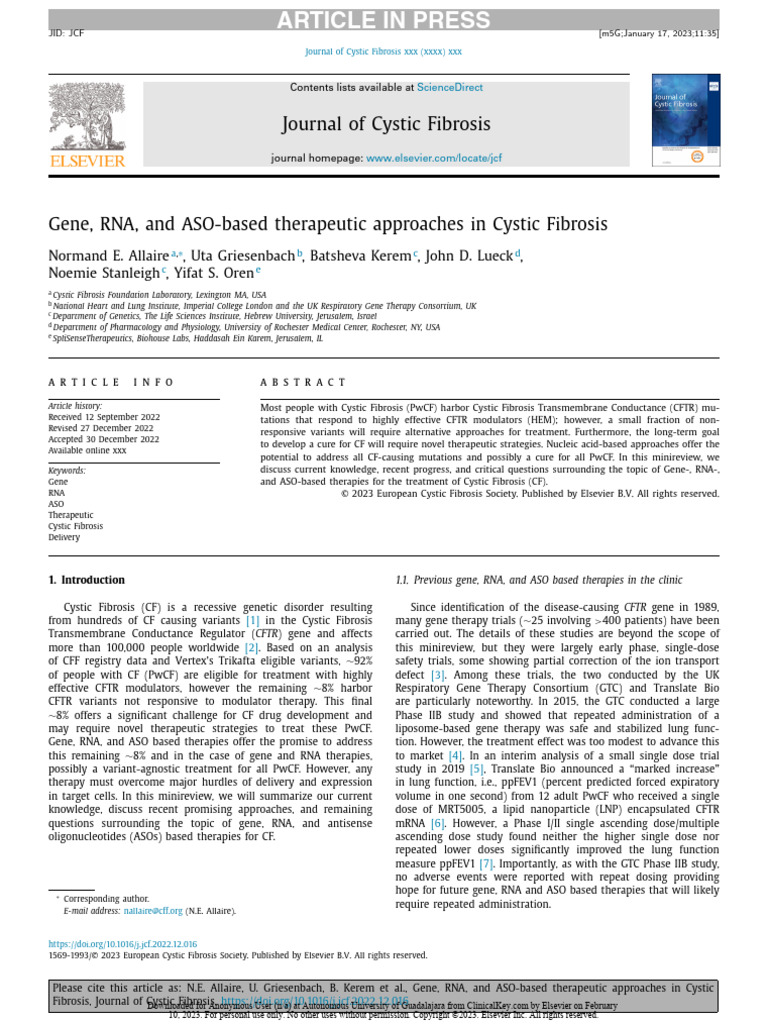 Gene and RNA Therapies for Cystic Fibrosis | PDF | Viral Vector | Gene ...