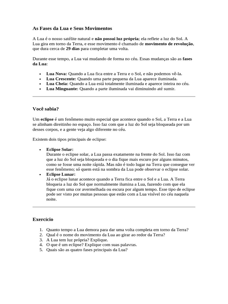 Fases da Lua e Eclipses para 8º Ano | PDF