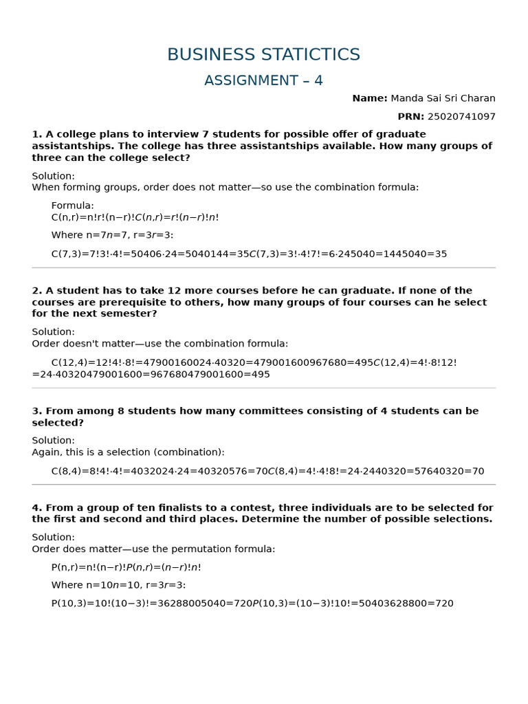 Business Statistics Assignment Solutions | PDF | Probability